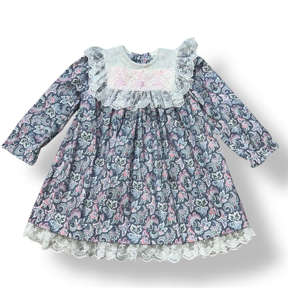 Vintage Peaches ‘n Cream Gray Pink Paisley Ruffle Dress Size 4